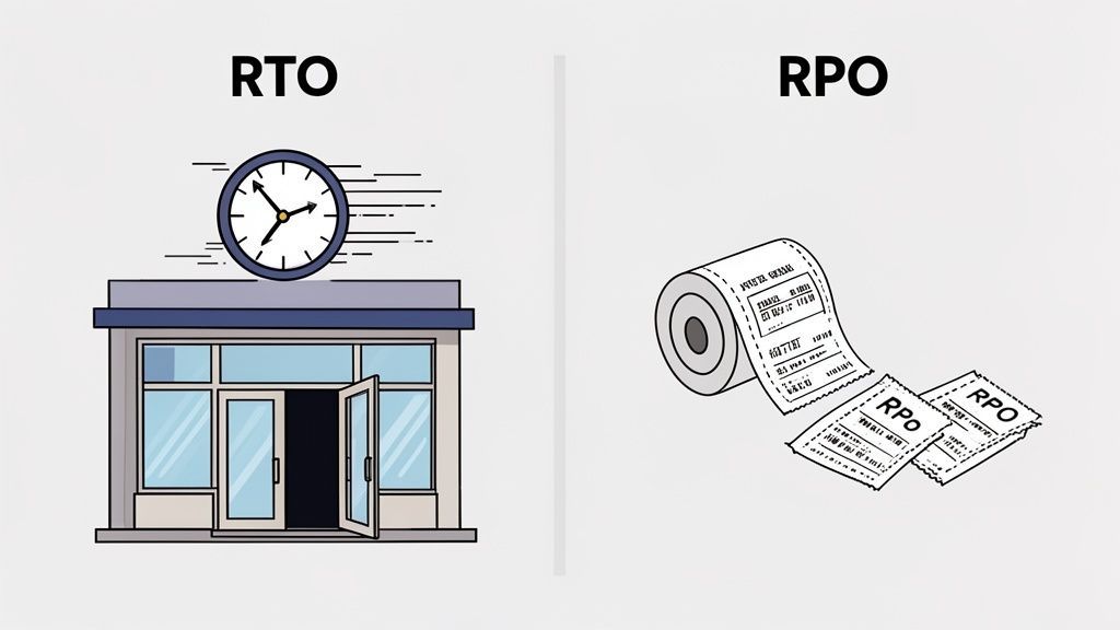 An illustration contrasting RTO (Recovery Time Objective) with a building and clock, and RPO (Recovery Point Objective) with a paper roll and receipts.