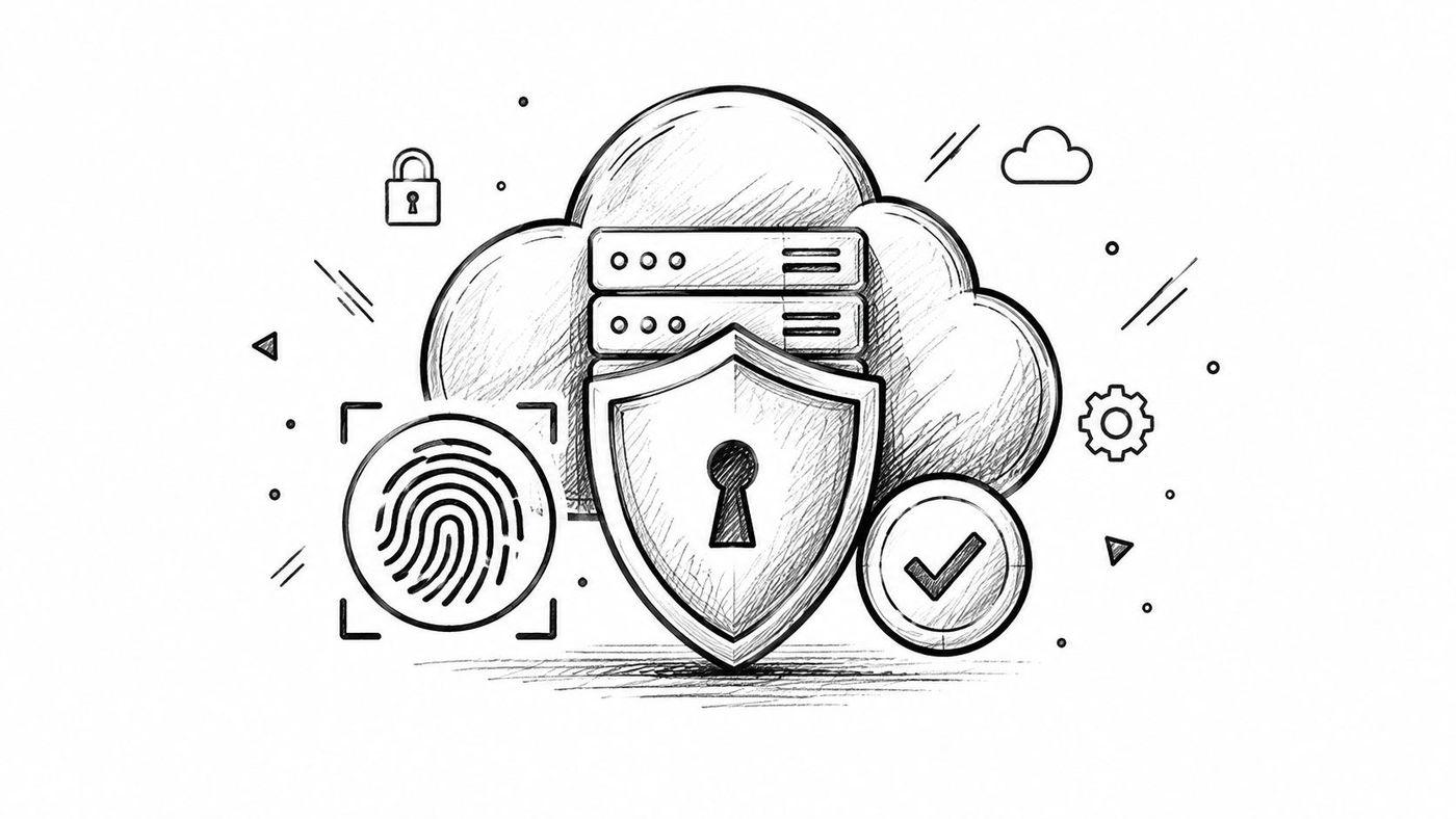 A pencil sketch of cloud server infrastructure protected by a security shield, fingerprint scanner, and checkmark icon.