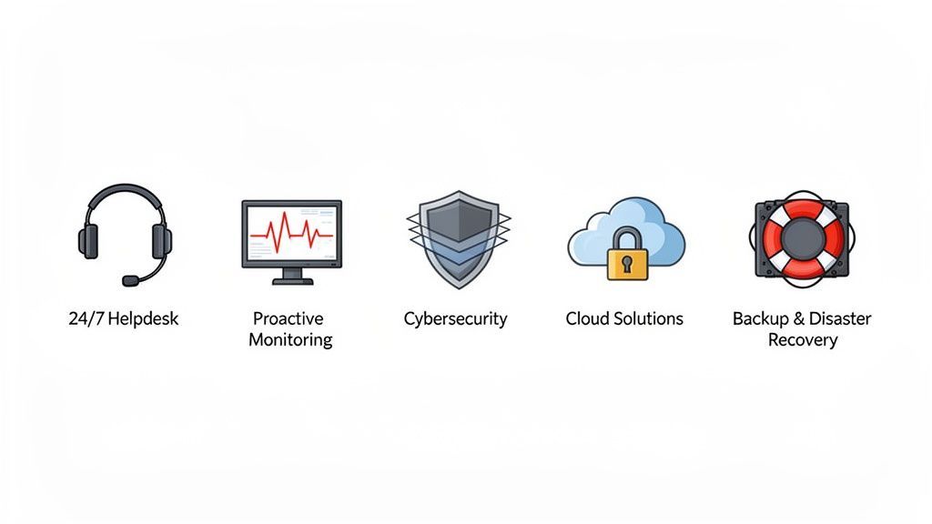 Icons representing key IT support services: 24/7 helpdesk, proactive monitoring, cybersecurity, cloud solutions, and backup & disaster recovery.