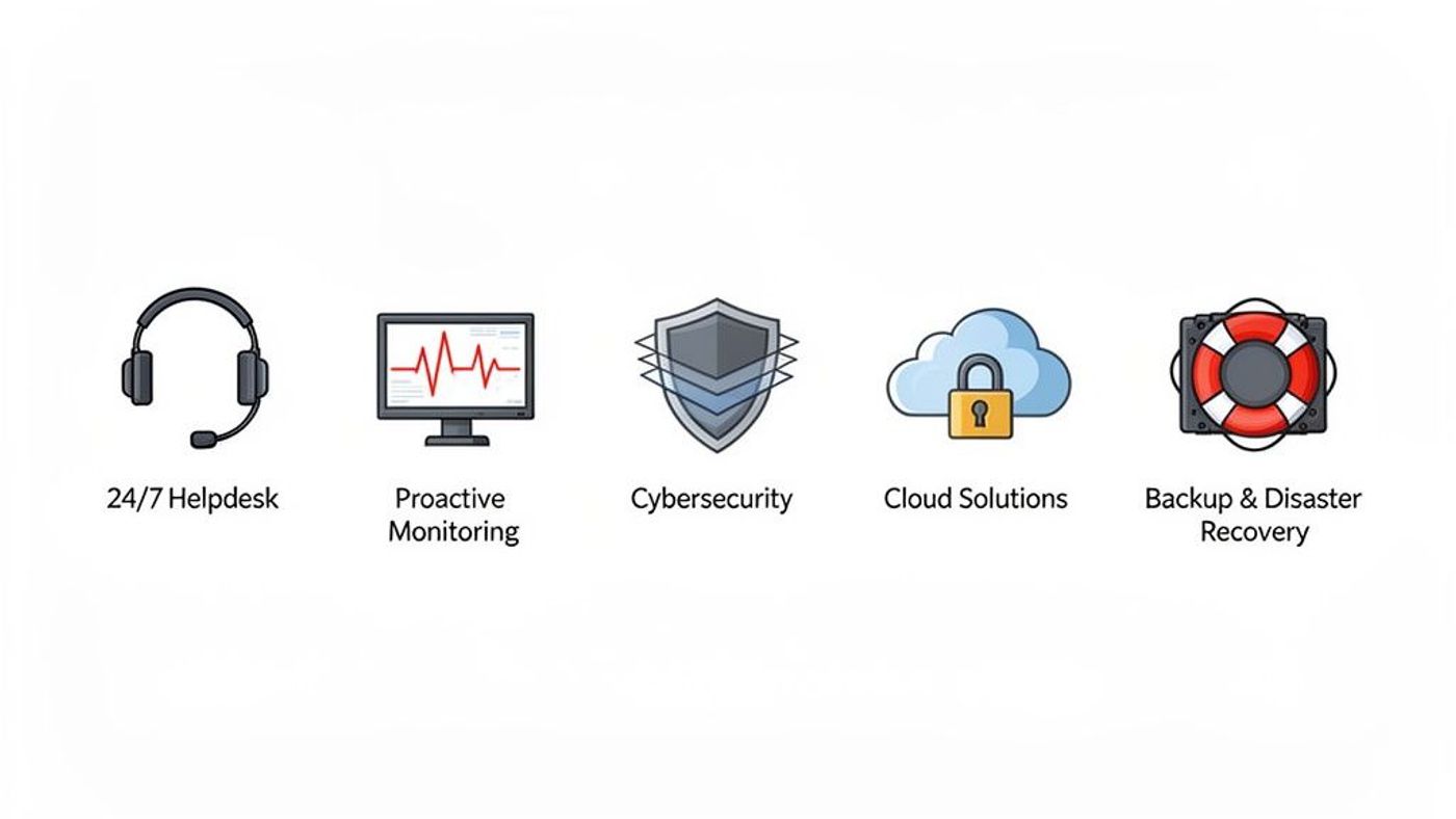 Icons representing key IT support services: 24/7 helpdesk, proactive monitoring, cybersecurity, cloud solutions, and backup & disaster recovery.