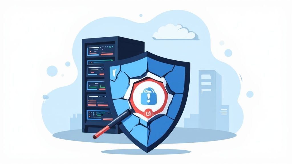 A broken blue shield with a padlock and exclamation mark next to a server rack, indicating a data breach.