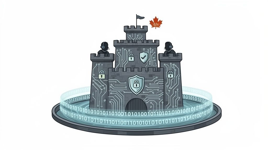 A digital castle made of circuit board patterns, with security locks, shields, and binary code, representing cybersecurity.