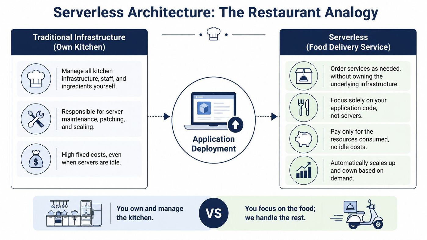 A comparison chart explaining serverless architecture by using a restaurant analogy versus a traditional kitchen setup.