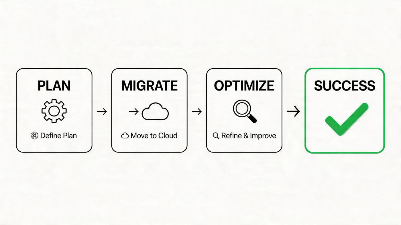 A four-step business cloud transition process showing plan, migrate, optimize, and success stages with icons.