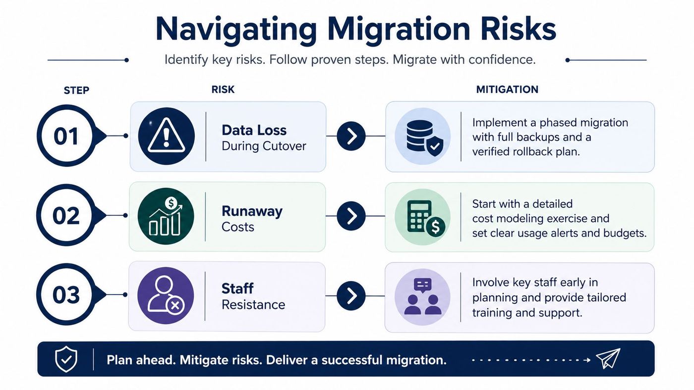 A diagram outlining three key migration risks including data loss, runaway costs, and staff resistance with mitigation steps.