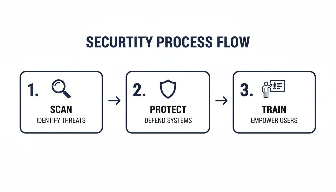 Infographic outlining a security process flow: scan, protect systems, and train users for threat defense.