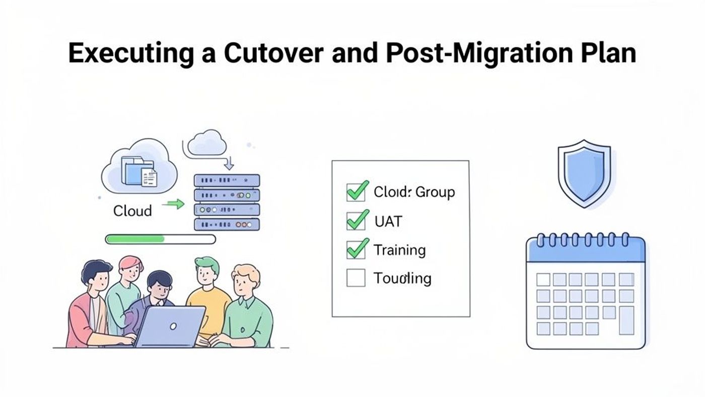 A team executes a cloud cutover and post-migration plan, featuring data transfer, checklist, security, and scheduling.