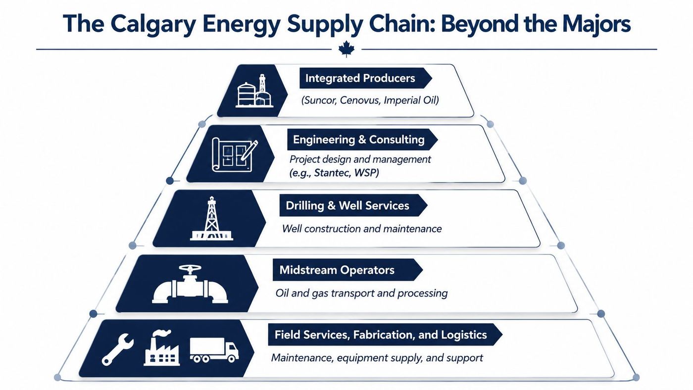 A pyramid diagram showing the Calgary energy supply chain hierarchy, from integrated producers down to field services.