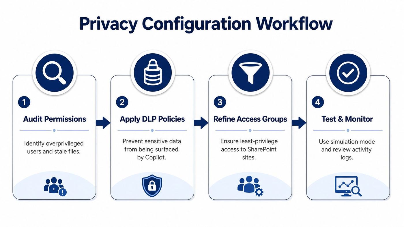 A four-step privacy configuration workflow diagram for managing Copilot for business security and data access permissions.