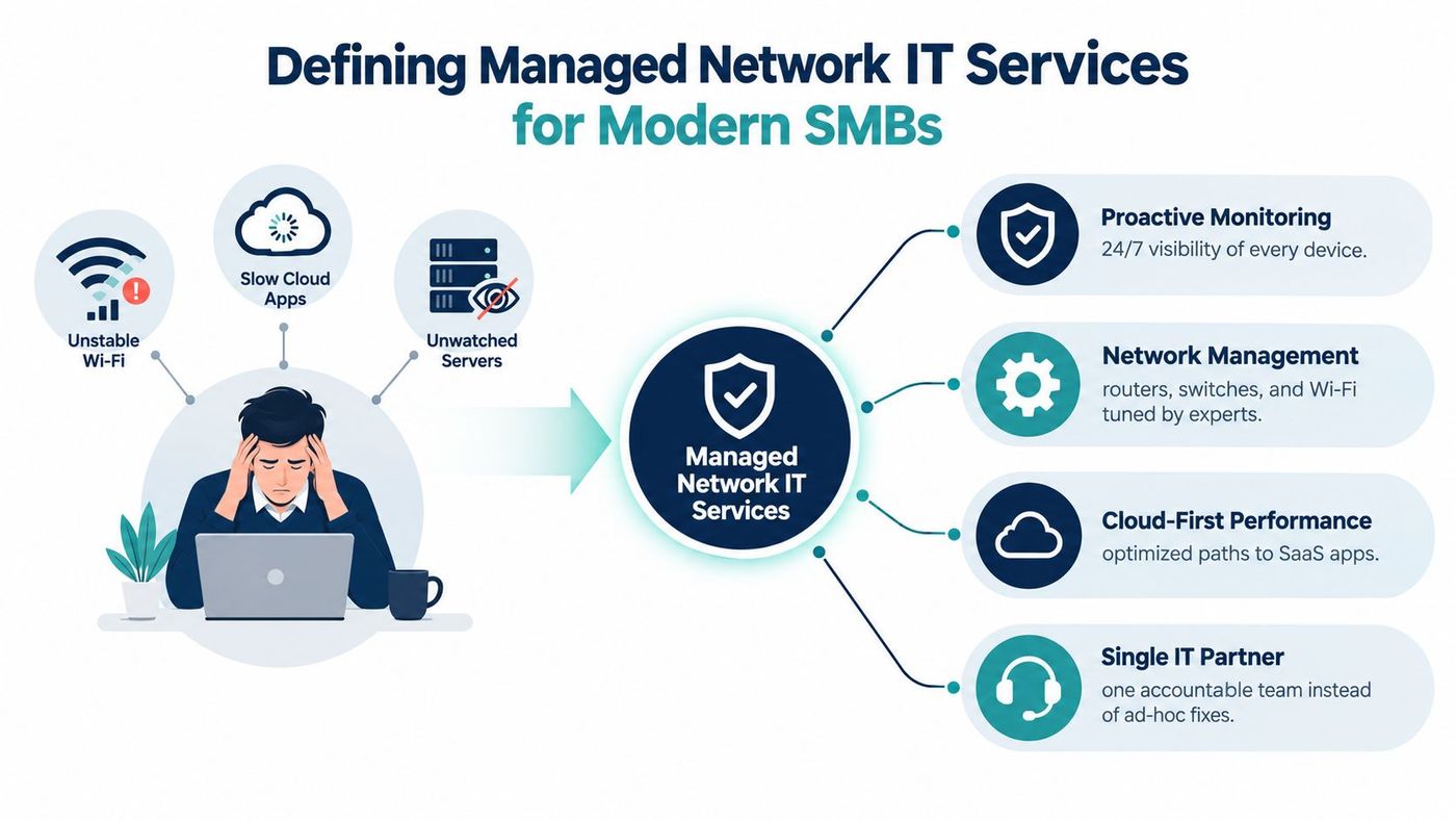 A diagram illustrating how managed network IT services solve common business connectivity and server management problems.
