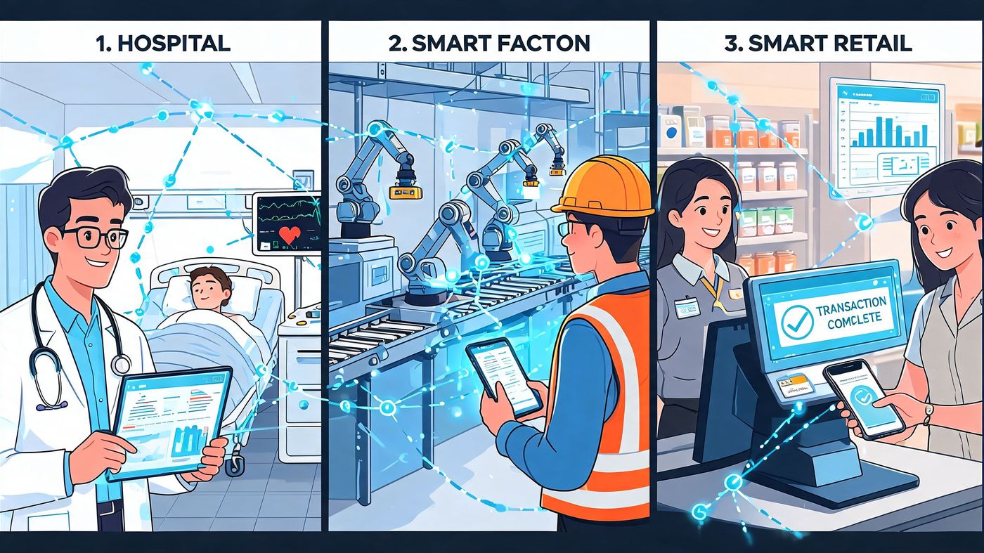 A digital illustration showing smart network services applied in a hospital, factory, and retail store environment.