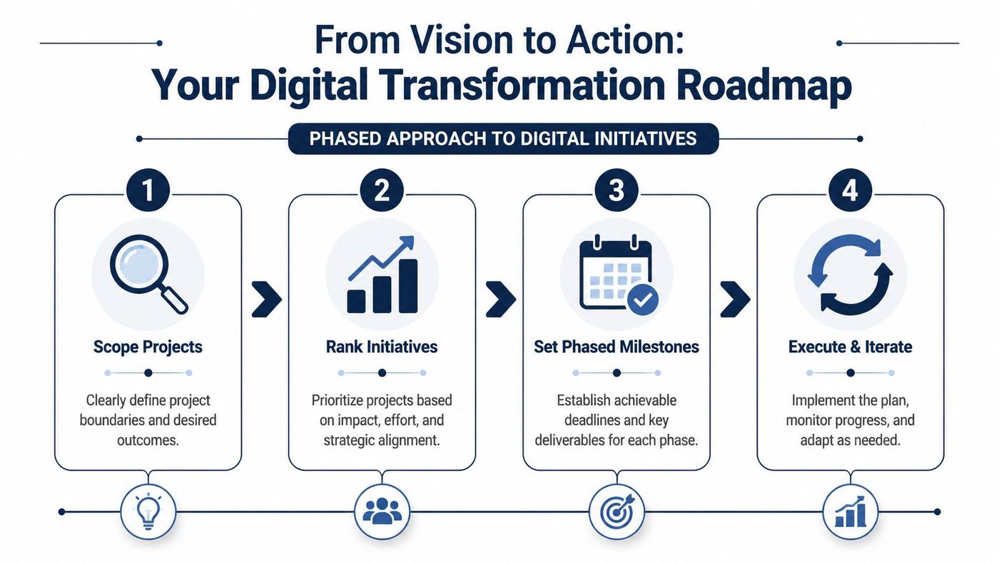 A four-step digital transformation roadmap infographic showing phases for scoping, ranking, milestones, and execution.