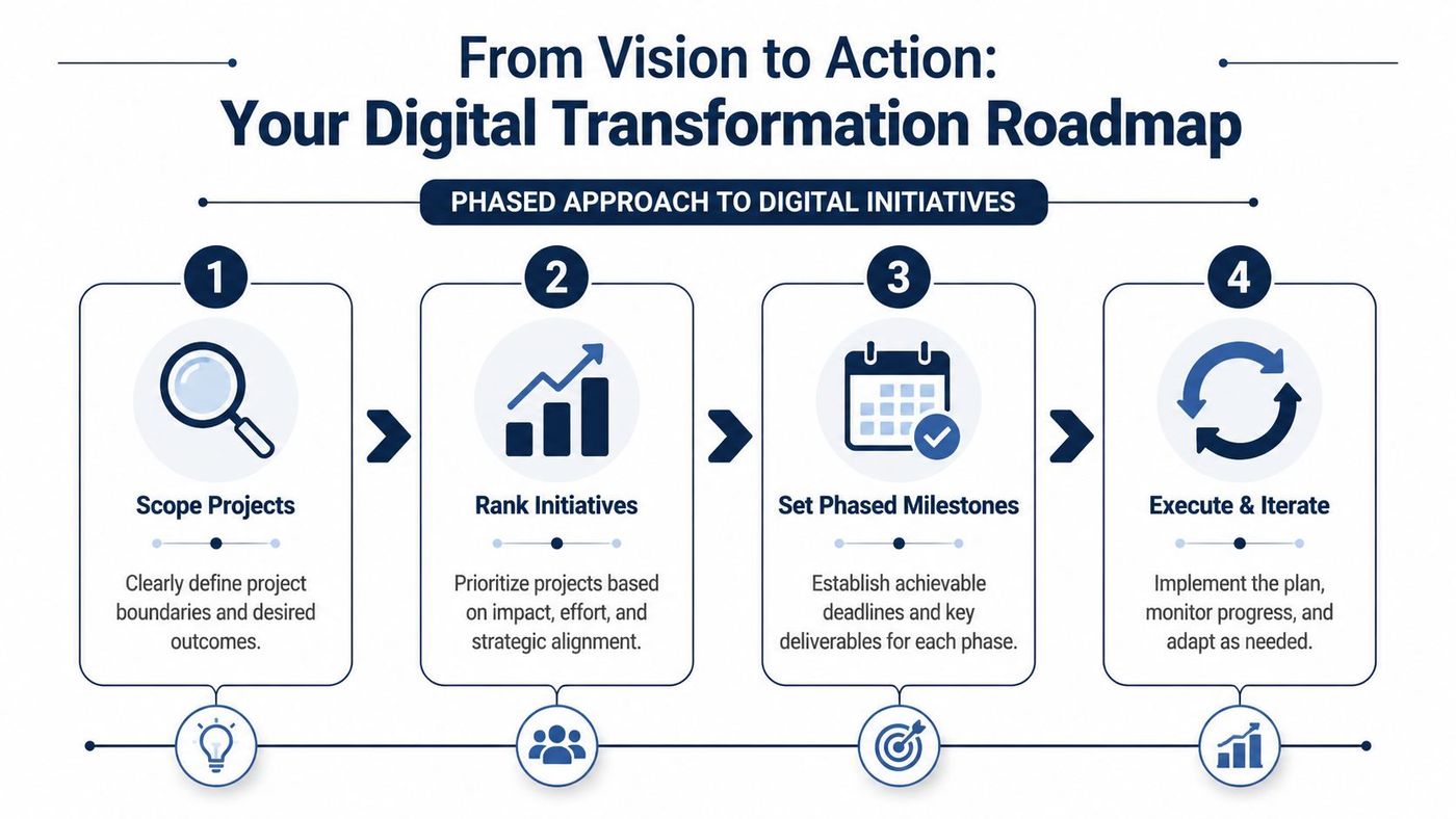 A four-step digital transformation roadmap infographic showing phases for scoping, ranking, milestones, and execution.
