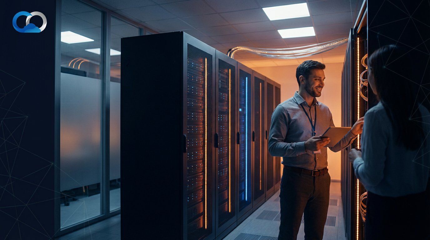 Two IT professionals smiling and discussing data in a modern server room with glowing racks.