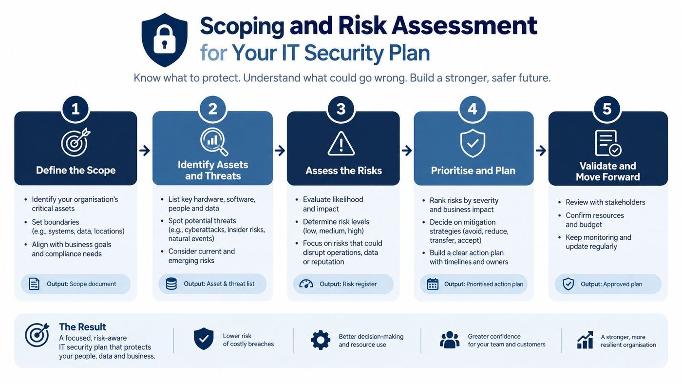 A five-step infographic detailing a structured process for developing an effective IT security and risk assessment plan.