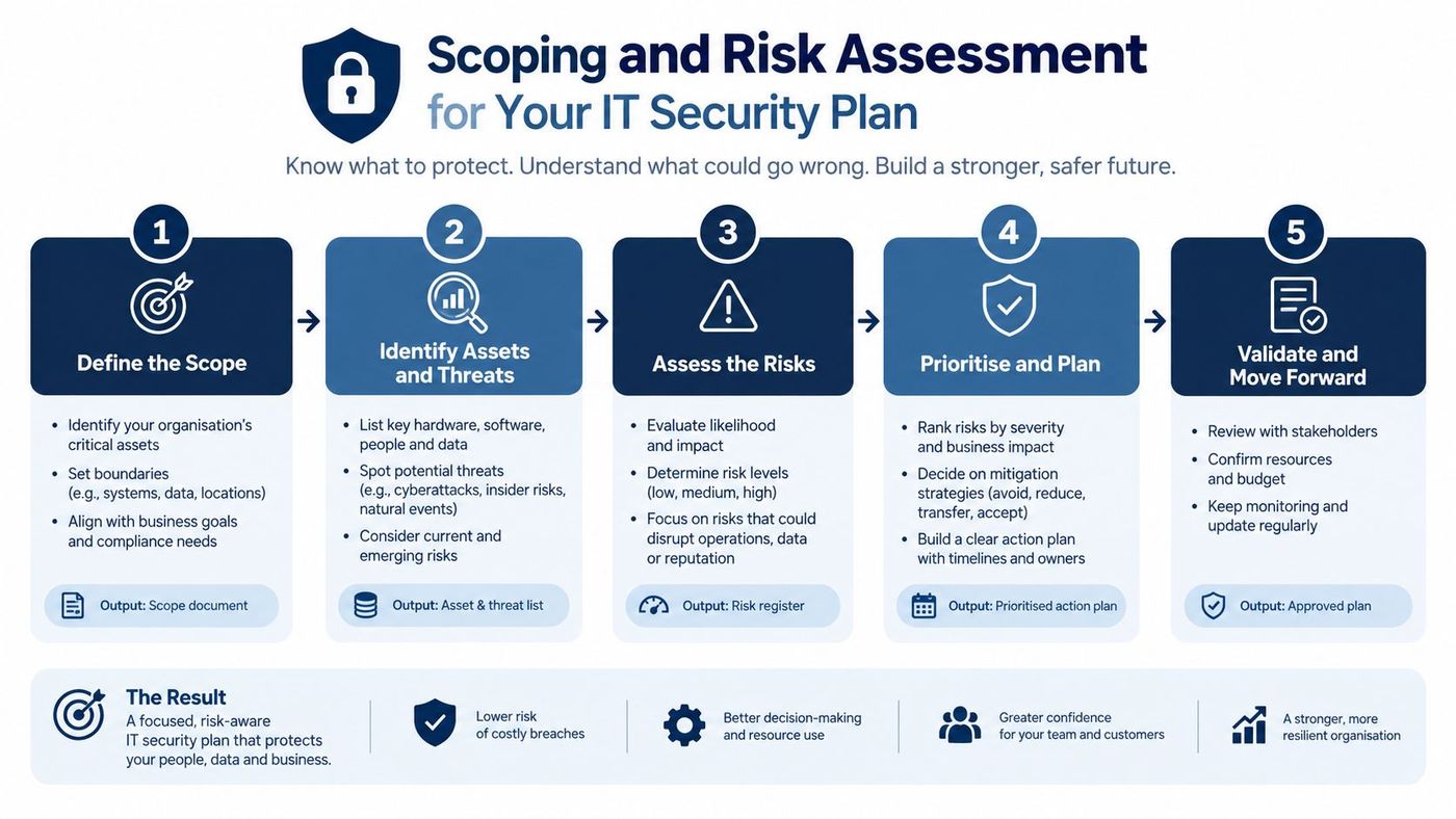 A five-step infographic detailing a structured process for developing an effective IT security and risk assessment plan.