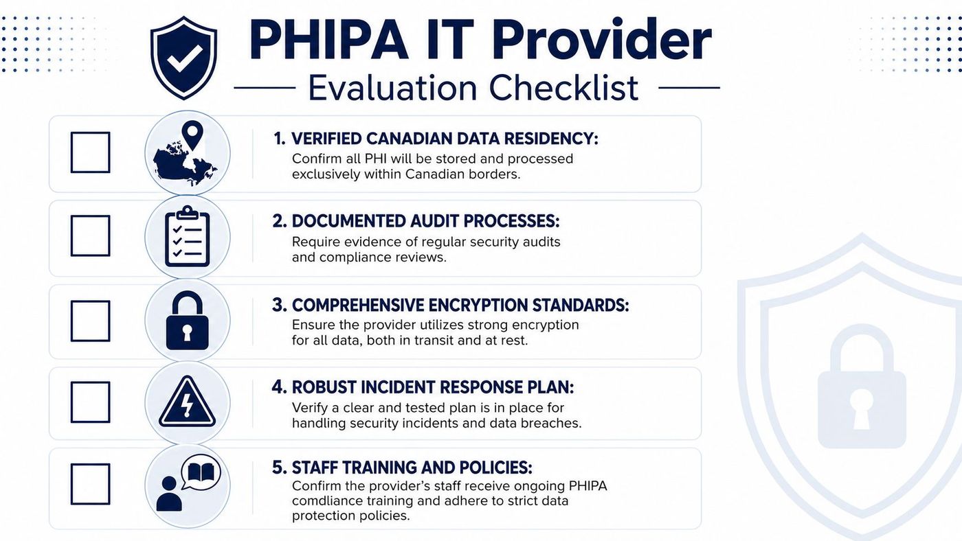 A PHIPA IT provider evaluation checklist outlining five essential security and compliance criteria for healthcare data management.