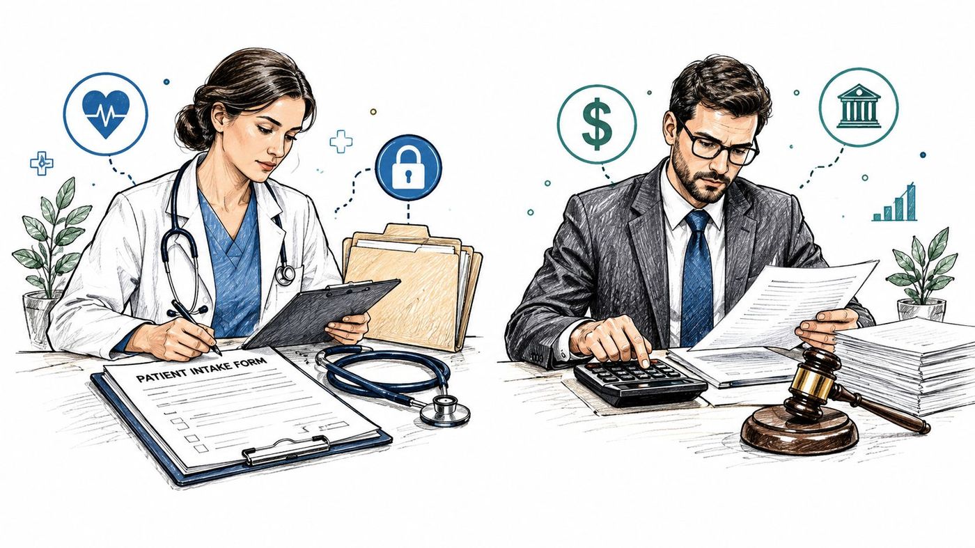 A digital illustration showing a doctor filling out patient intake forms alongside a businessman reviewing financial documents.