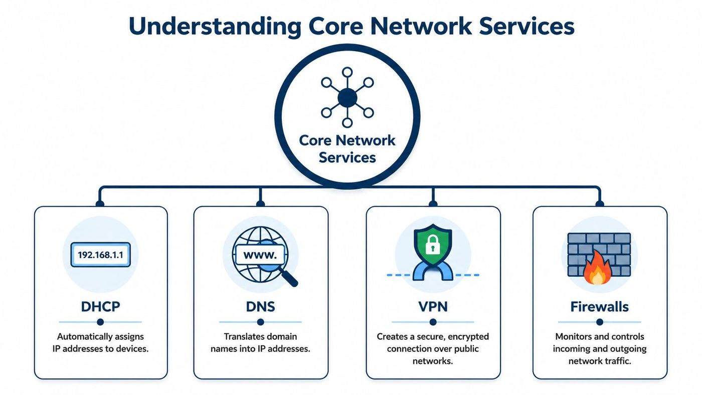 An educational diagram outlining core network services including DHCP, DNS, VPN, and Firewalls with brief descriptions.