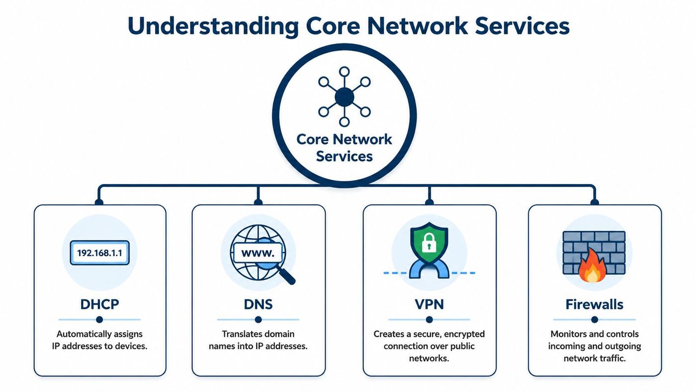 An educational diagram outlining core network services including DHCP, DNS, VPN, and Firewalls with brief descriptions.
