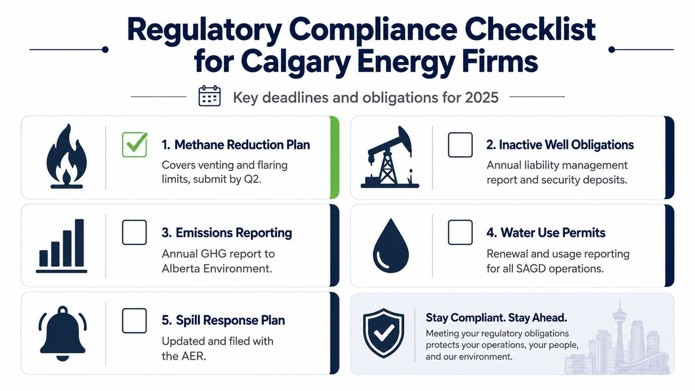 A regulatory compliance checklist outlining key environmental and operational obligations for energy companies in Calgary, Alberta.