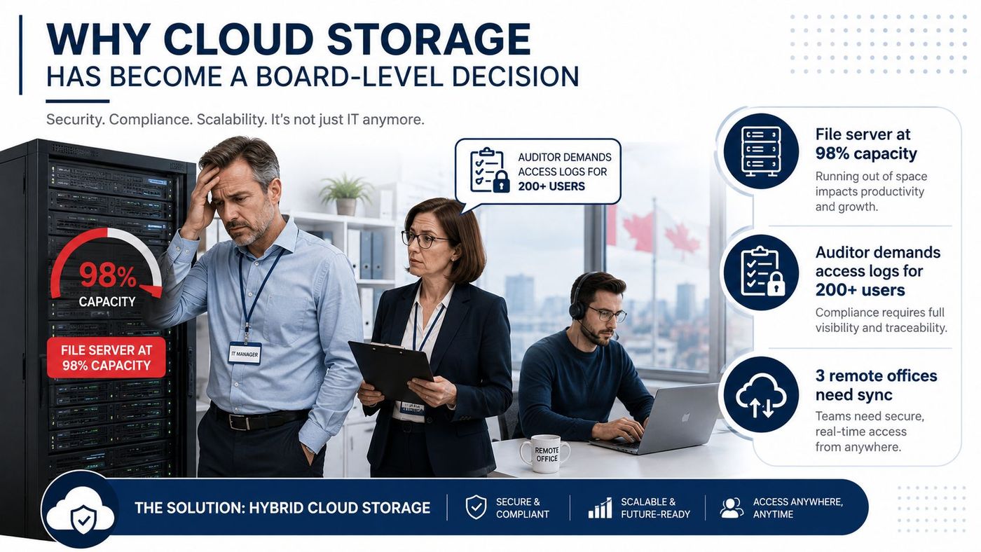 A professional infographic highlighting the benefits of hybrid cloud storage solutions for business board-level decision makers.
