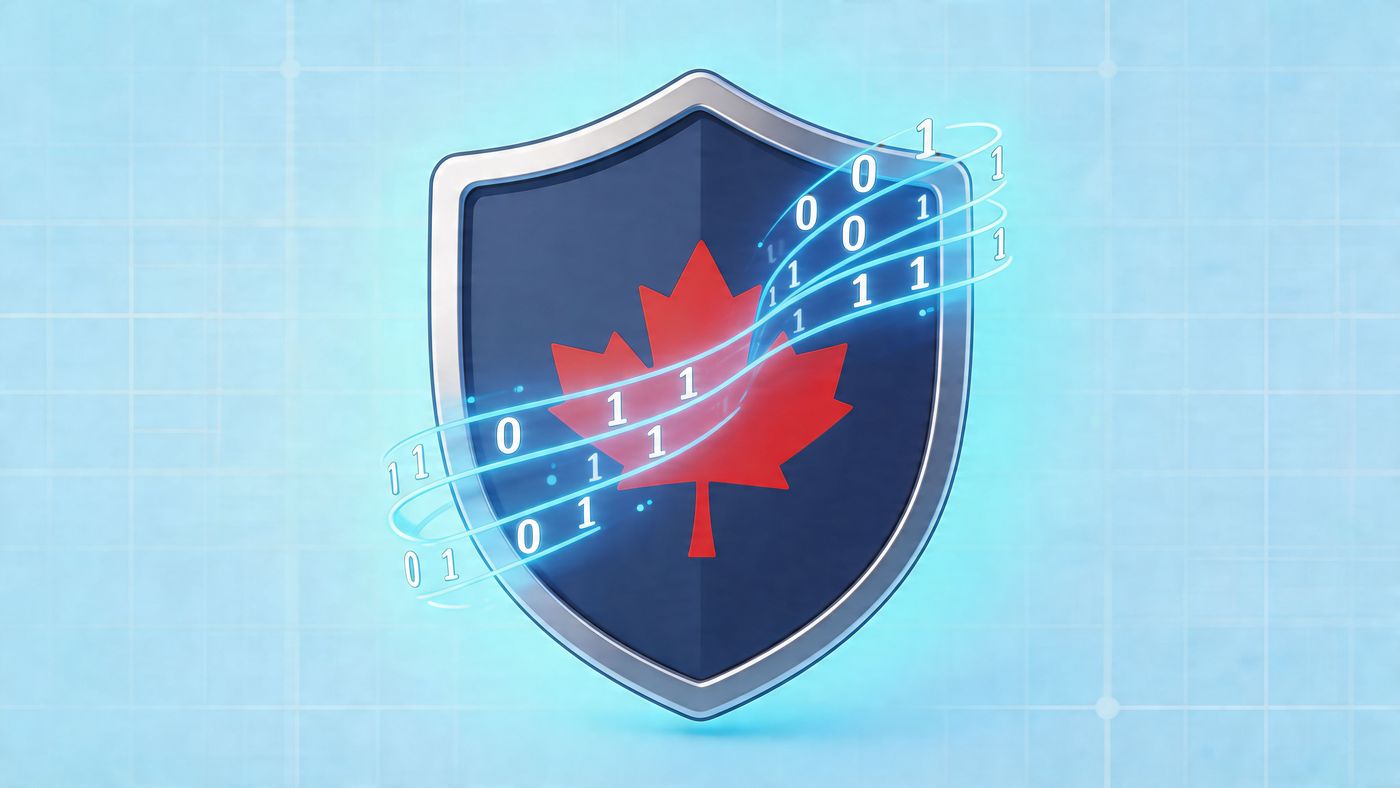 A metallic shield icon featuring a red Canadian maple leaf surrounded by glowing digital binary code.