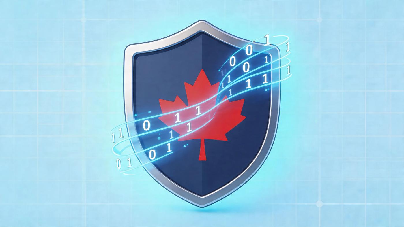 A metallic shield icon featuring a red Canadian maple leaf surrounded by glowing digital binary code.