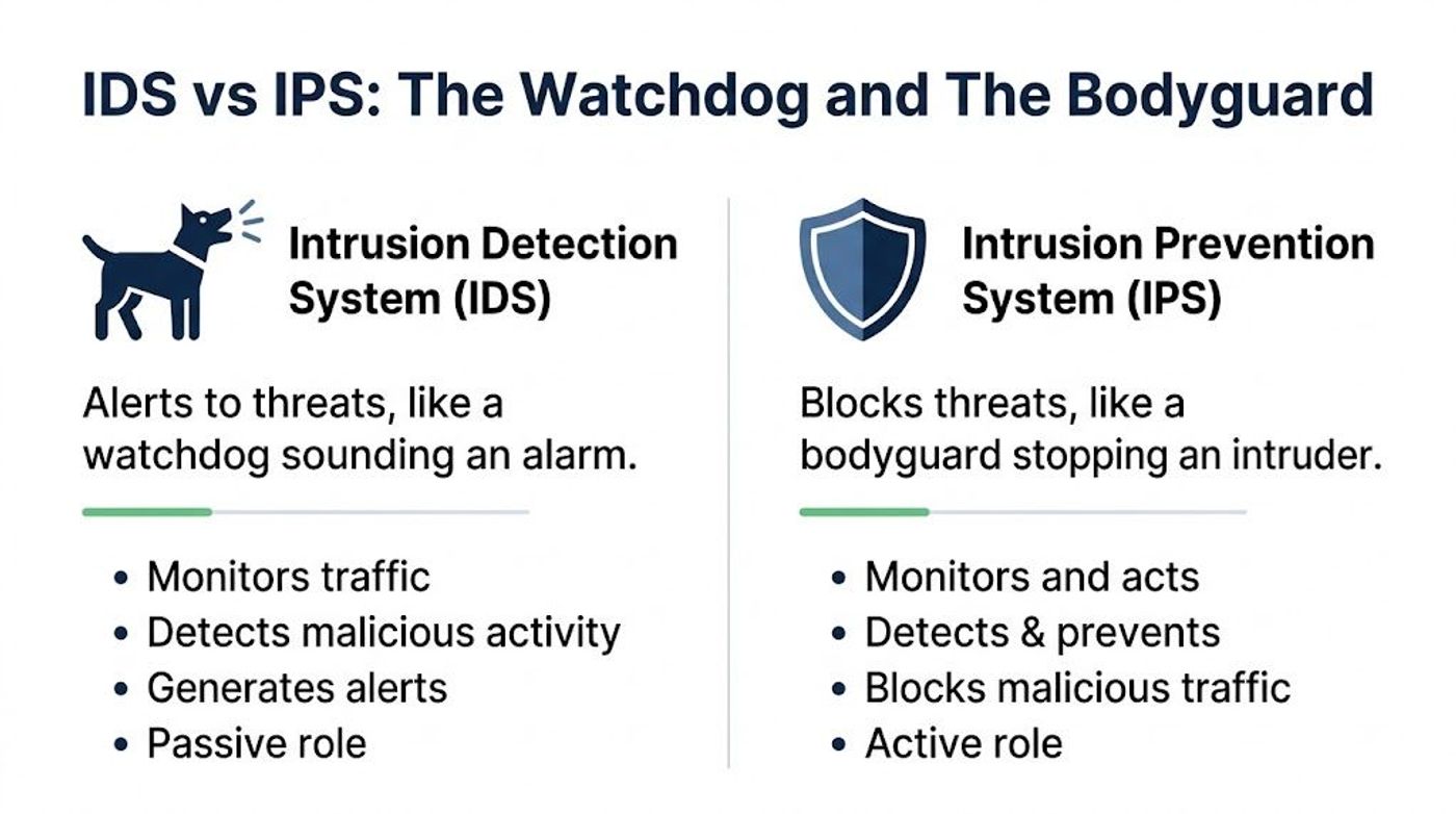 A comparison chart showing the differences between an intrusion detection system (IDS) and an intrusion prevention system (IPS).