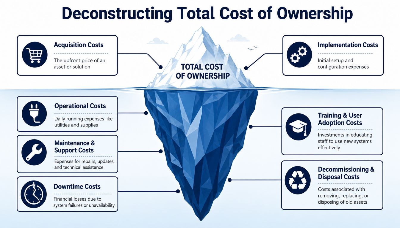 An infographic representing total cost of ownership as an iceberg, highlighting acquisition, operational, maintenance, and disposal costs.