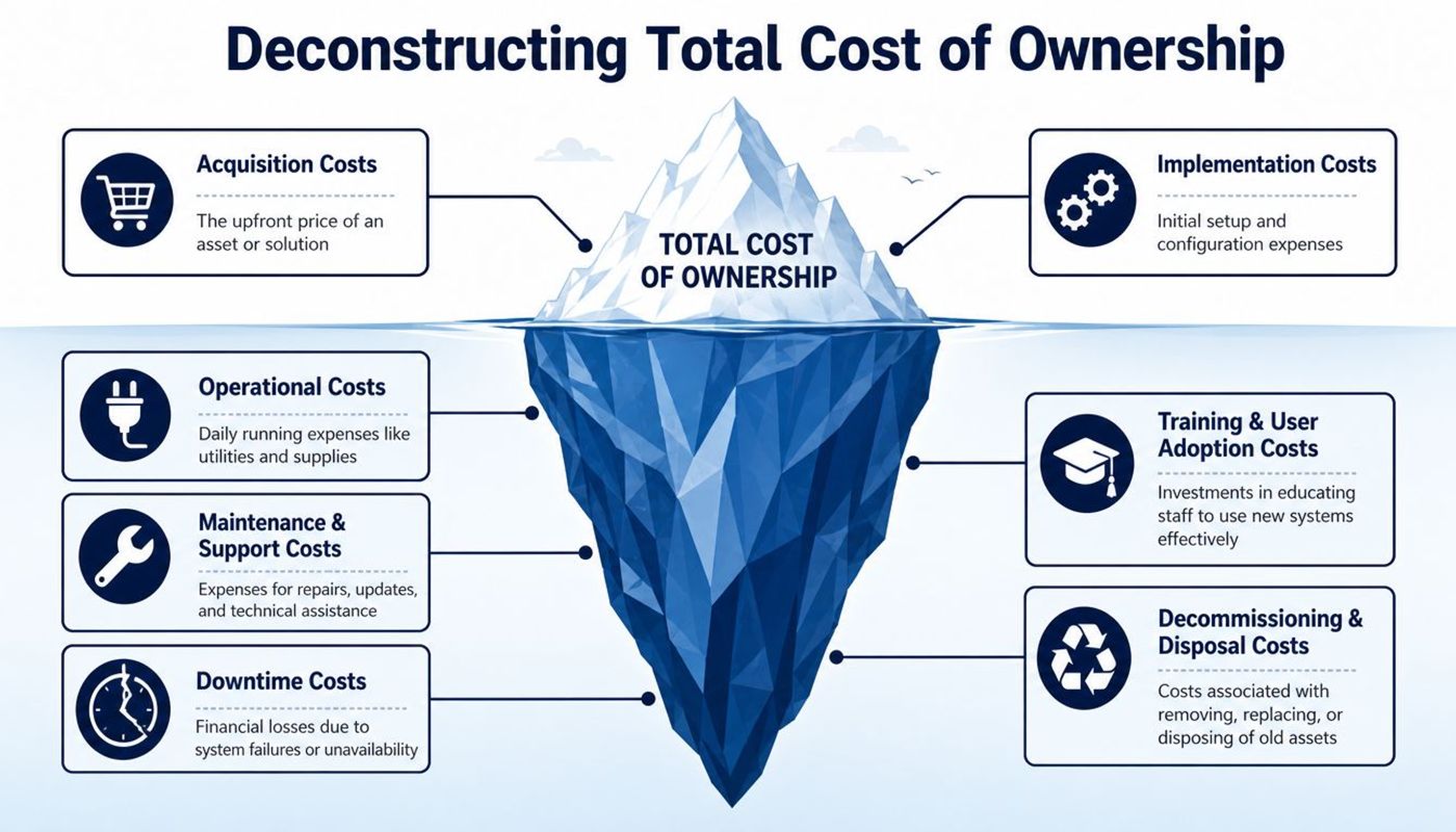 An infographic representing total cost of ownership as an iceberg, highlighting acquisition, operational, maintenance, and disposal costs.