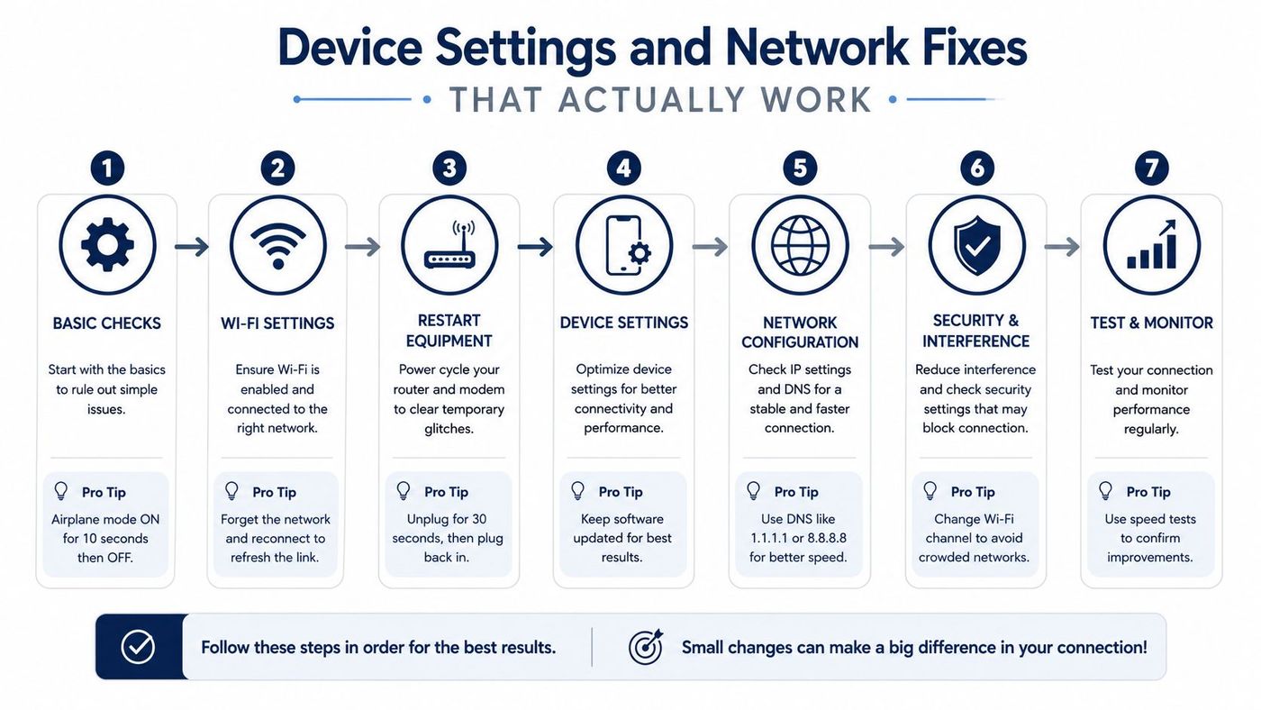 A step-by-step infographic titled Device Settings and Network Fixes, illustrating seven actionable steps for troubleshooting network connectivity issues.