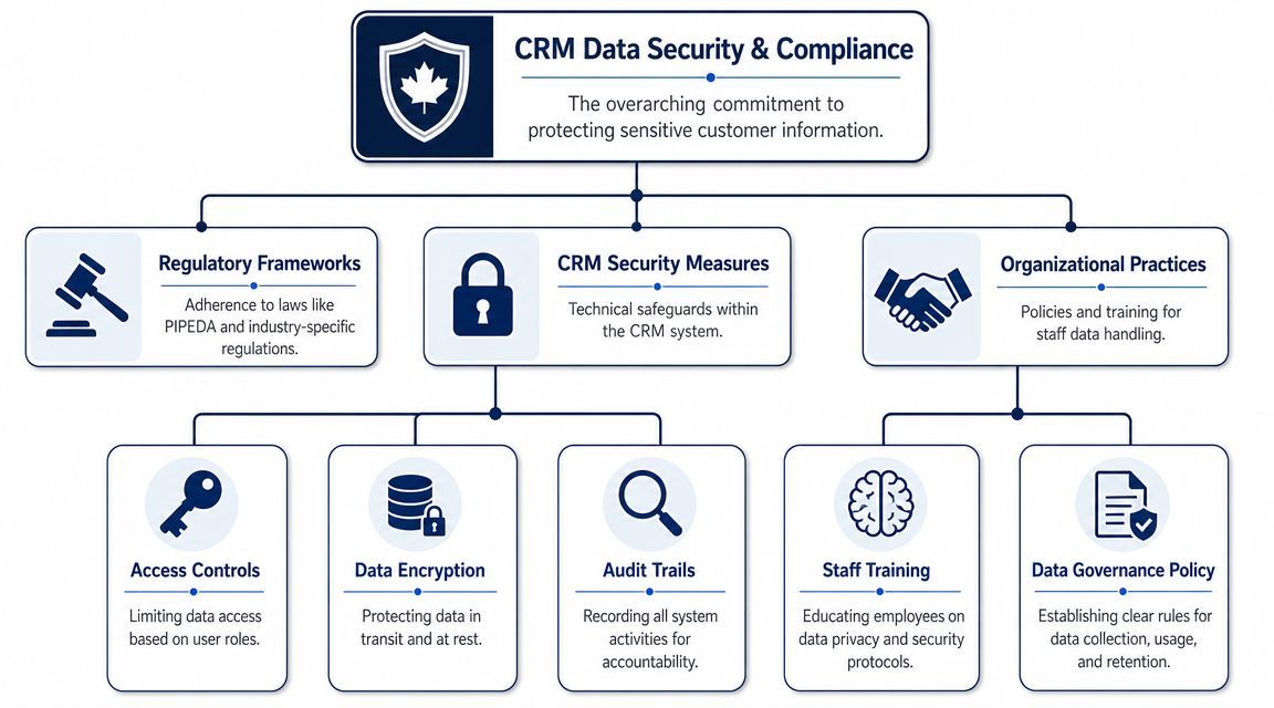 A hierarchical flowchart illustrating the essential components of CRM data security and organizational compliance strategies.