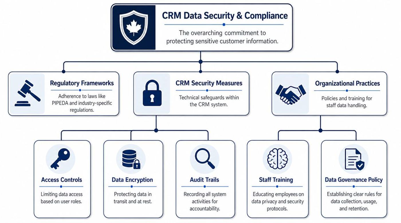 A hierarchical flowchart illustrating the essential components of CRM data security and organizational compliance strategies.