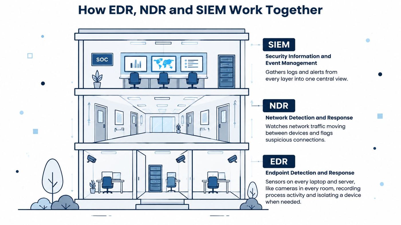 A diagram illustrating how EDR, NDR, and SIEM work together within a building-themed security architecture.