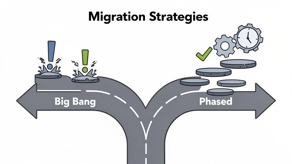 Diagram comparing 'Big Bang' (abrupt, risky) and 'Phased' (gradual, successful) migration strategies with a fork in the road.