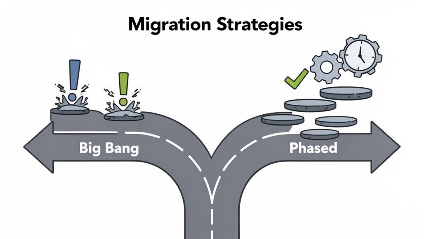 Diagram comparing 'Big Bang' (abrupt, risky) and 'Phased' (gradual, successful) migration strategies with a fork in the road.