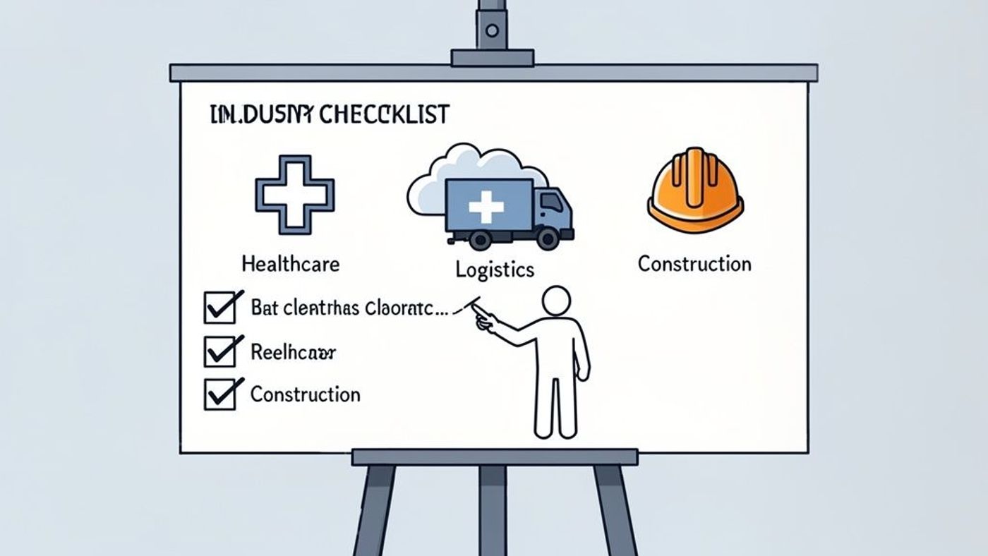 A whiteboard shows an industry checklist for healthcare, logistics, and construction, with a person pointing.