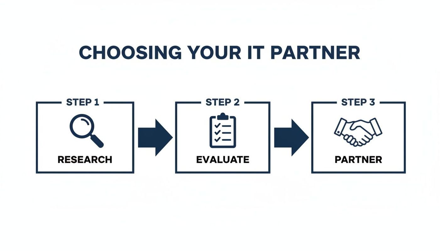 Infographic detailing the three steps to choosing an IT partner: research, evaluate, and partner.