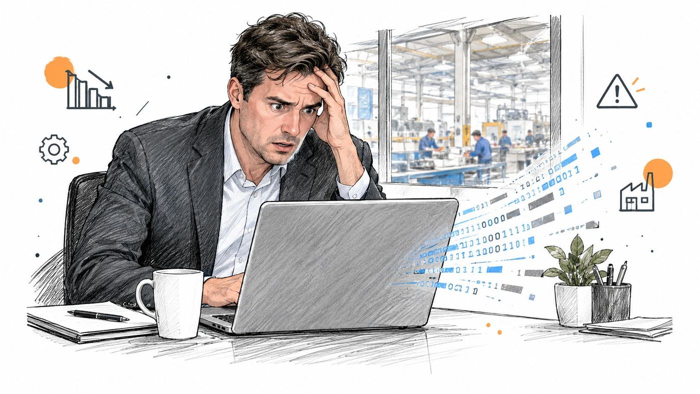 A distressed businessman looking at a laptop while data streams towards a factory scene background