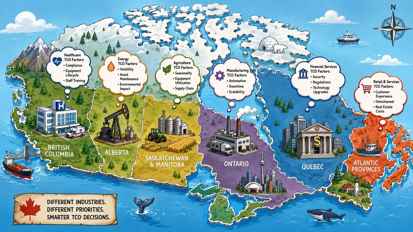 A map of Canada highlighting specific total cost of ownership factors for various key regional industries.