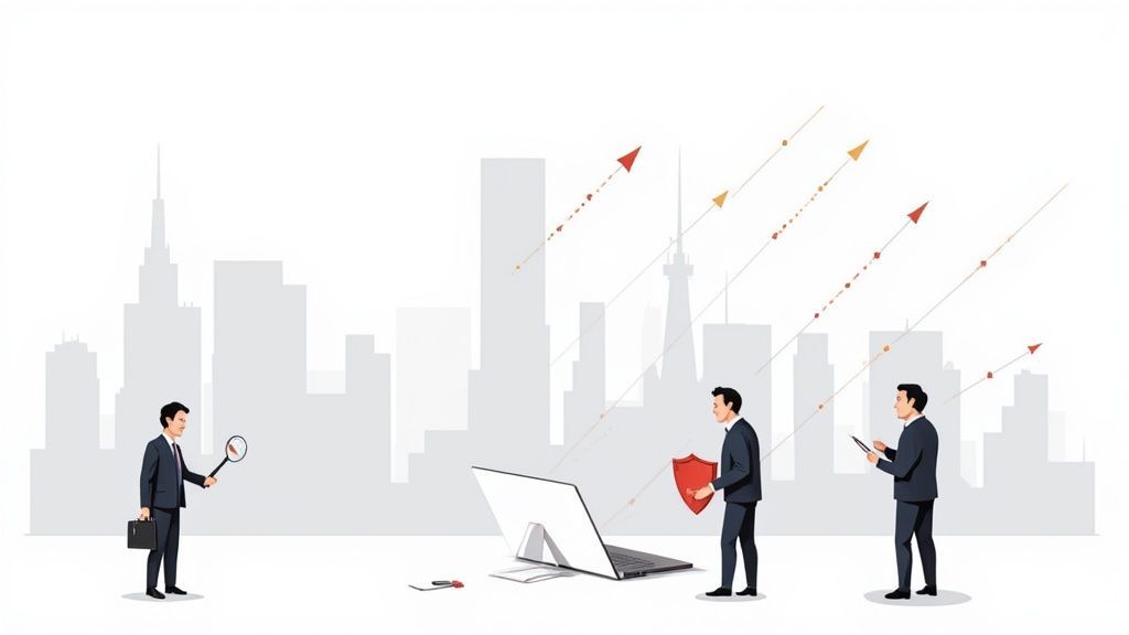 Businessmen use tools and a shield to protect a laptop from incoming cyber threats in a city.