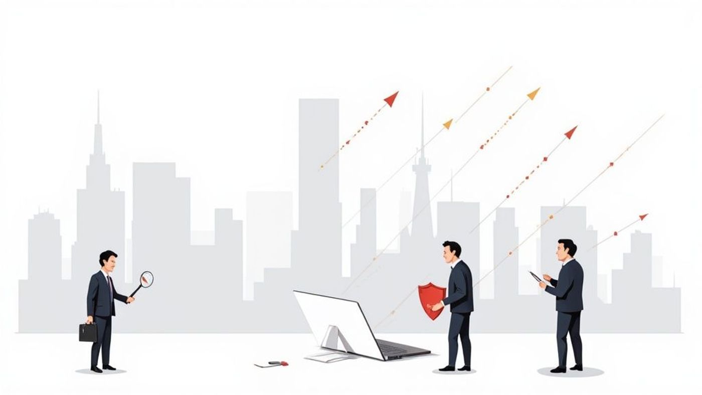 Businessmen use tools and a shield to protect a laptop from incoming cyber threats in a city.