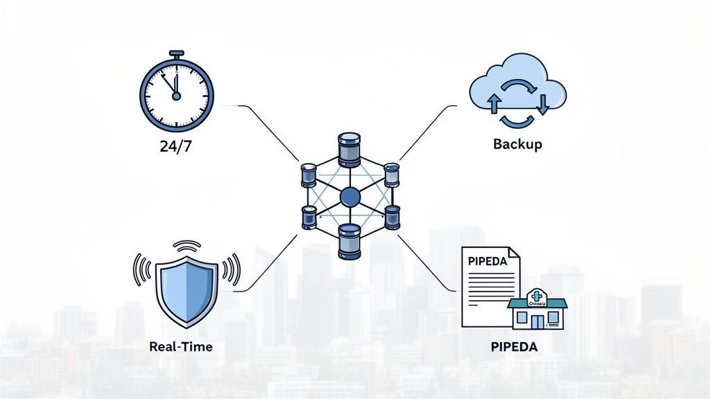 Diagram illustrating a distributed data system ensuring 24/7 availability, backup, real-time security, and PIPEDA compliance for healthcare.