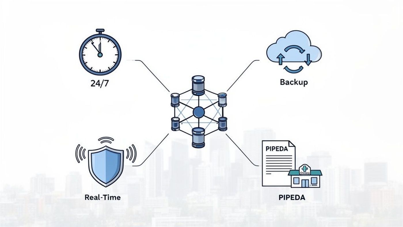 Diagram illustrating a distributed data system ensuring 24/7 availability, backup, real-time security, and PIPEDA compliance for healthcare.
