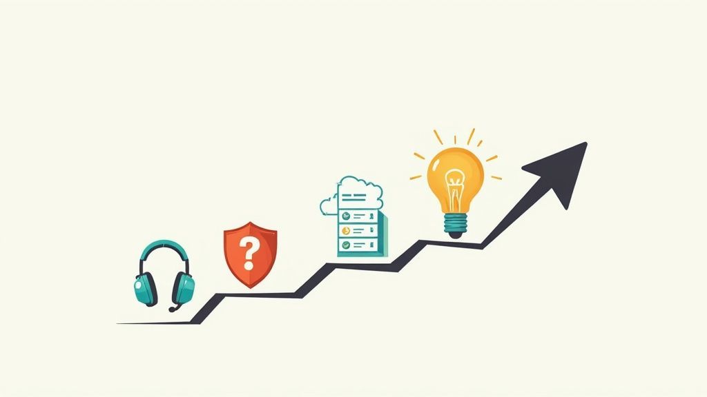 Business growth roadmap showing customer support, security, planning, innovation, and upward trending success arrow