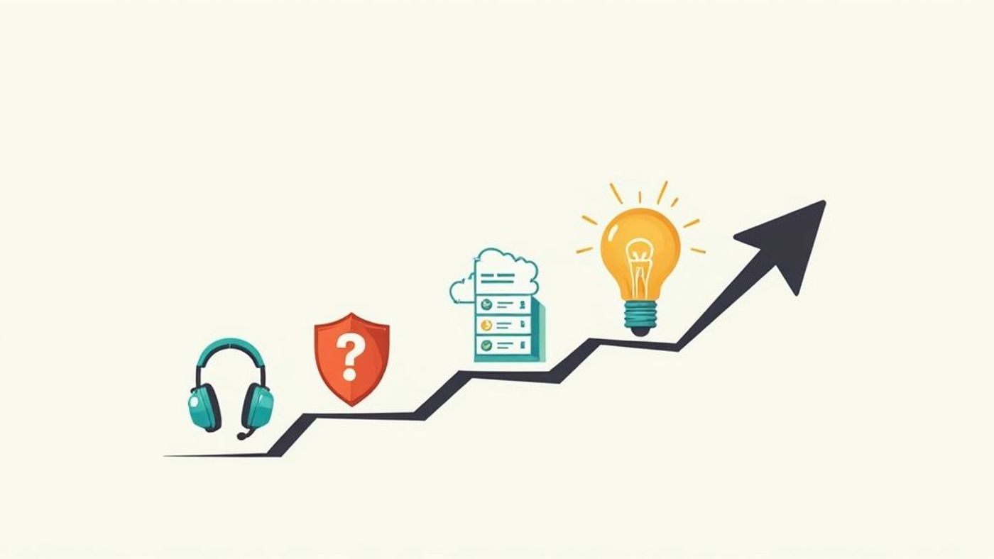 Business growth roadmap showing customer support, security, planning, innovation, and upward trending success arrow
