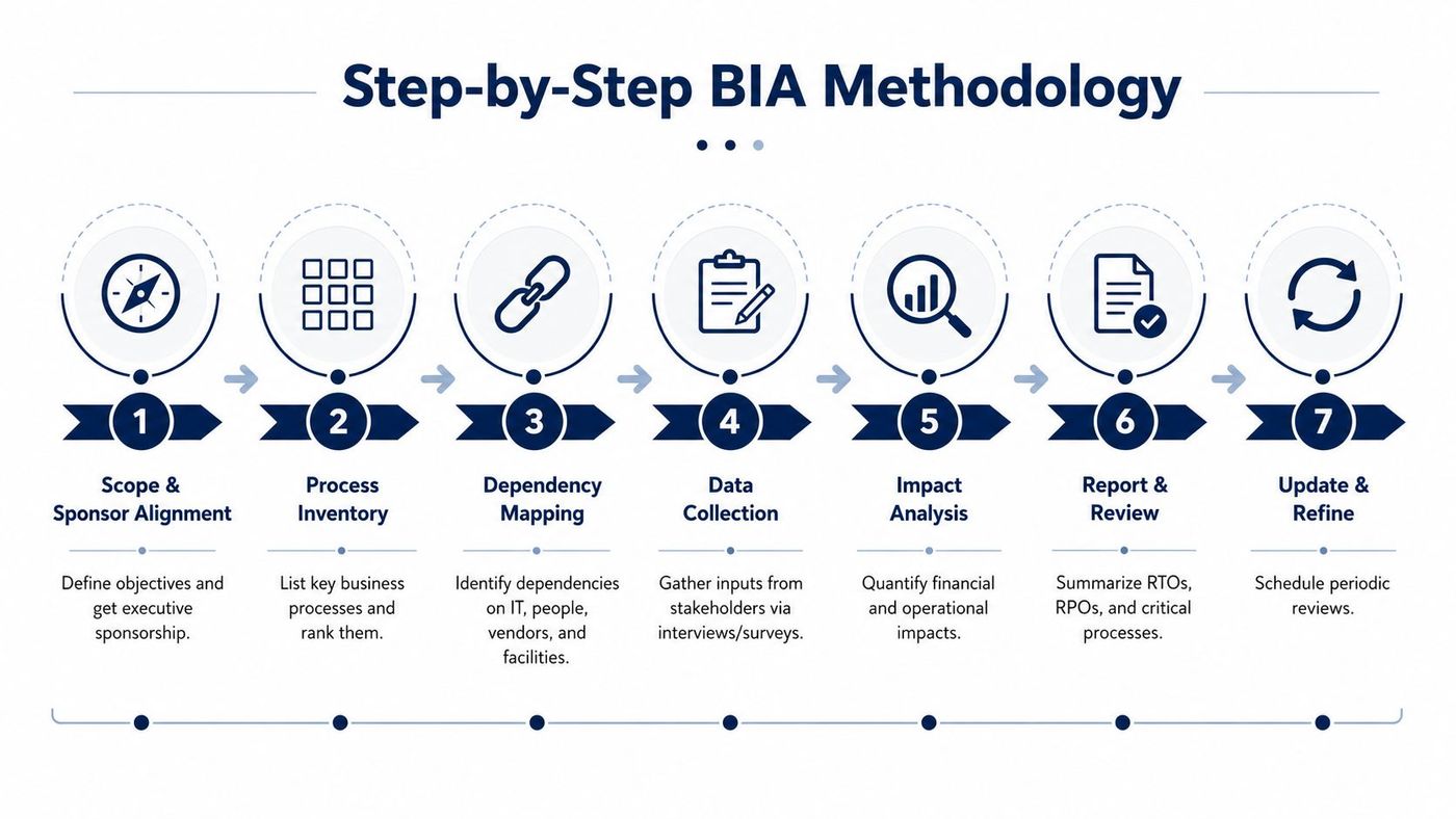 A seven-step Business Impact Analysis methodology flowchart showing the process from scope alignment to periodic updates.
