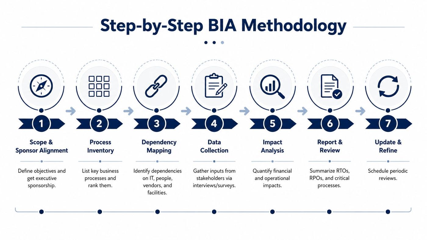 A seven-step Business Impact Analysis methodology flowchart showing the process from scope alignment to periodic updates.