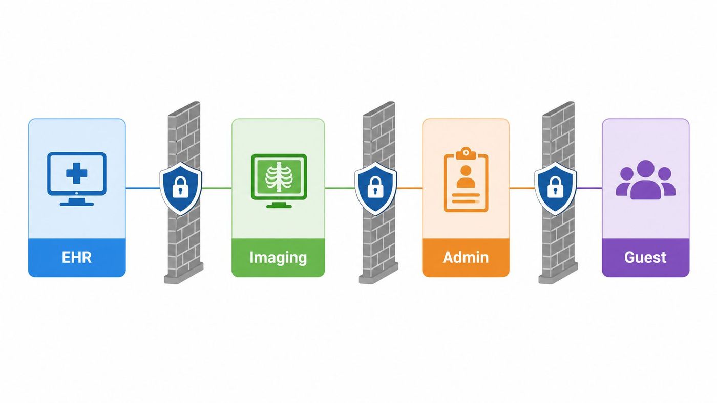 A diagram illustrating network segmentation in healthcare with security firewalls separating EHR, Imaging, Admin, and Guest systems.